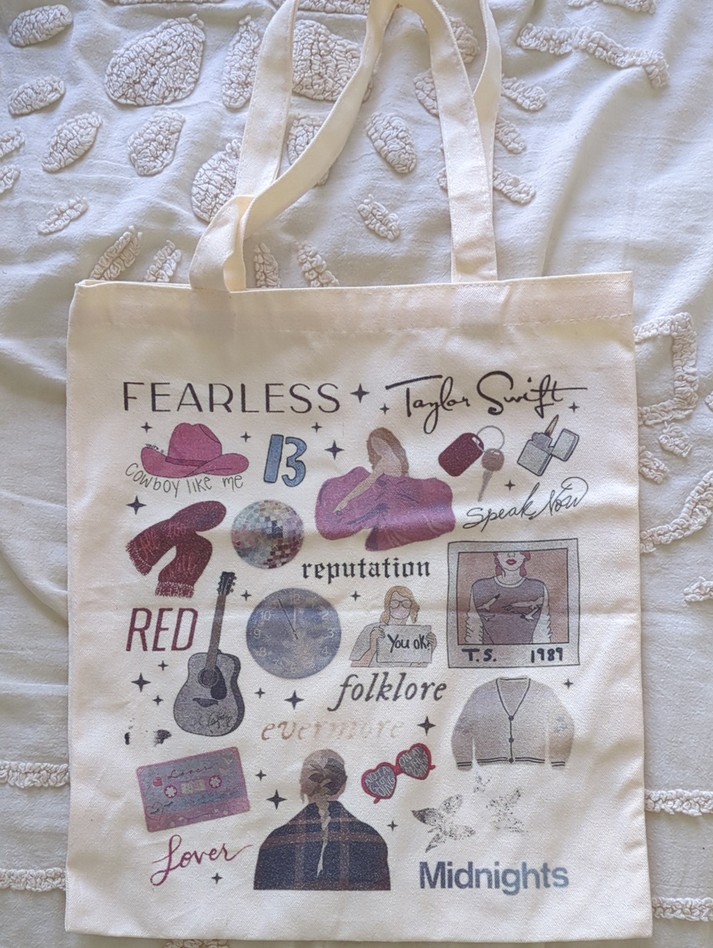 Taylor Swift Cream Canvas Tote with Multicolor Fan-Art Prints